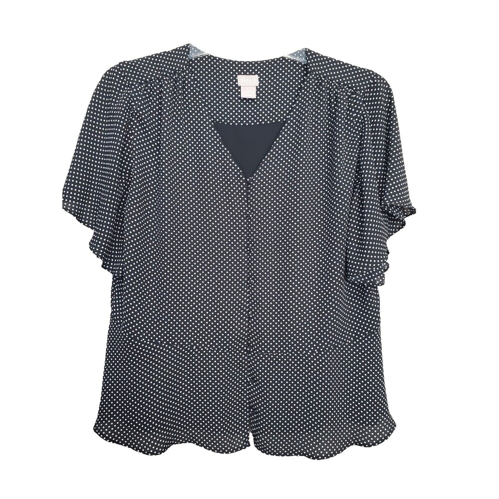Chico's Black Polka Dot Peplum Hem Flutter Sleeve Lined Button-Up Blouse 2 (LGE)